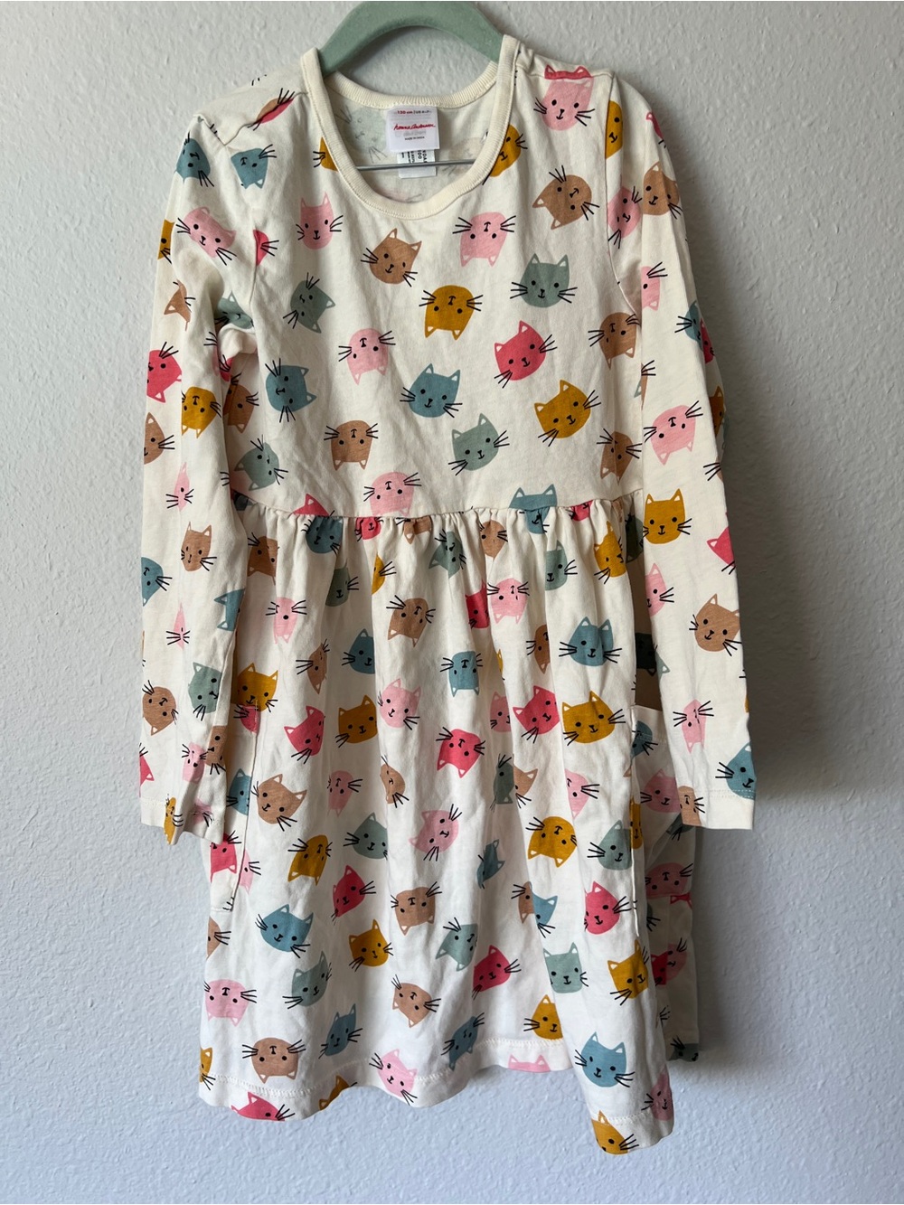 Hanna Andersson Beige Dress with Colorful Cat Faces and Pockets 6-7